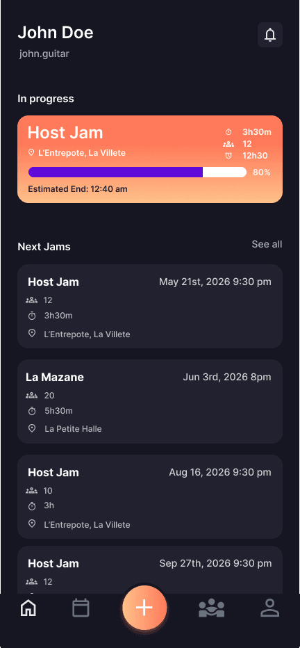 Pro Jam home, dark theme: the jam in progress and the next jams.