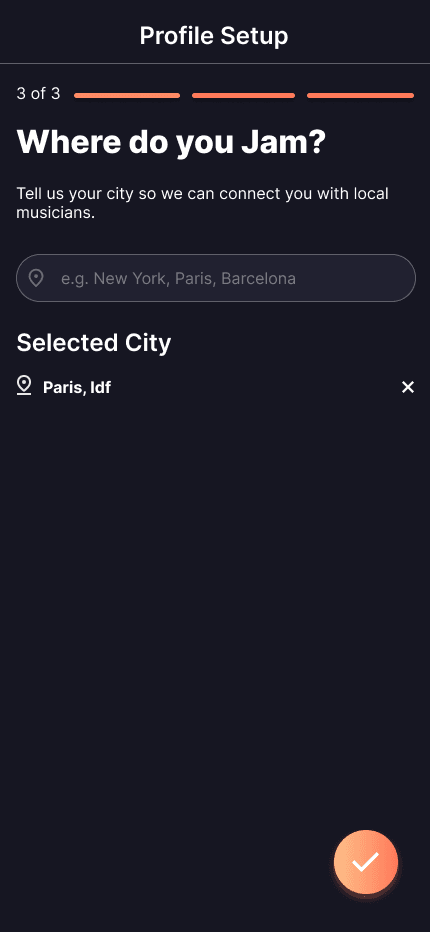 Profile setup, step 3 of 3: choosing the city where you jam.