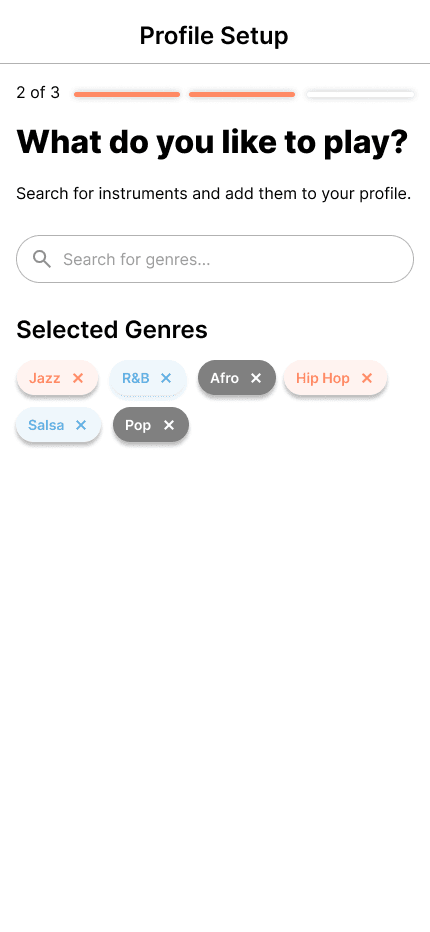 Profile setup, step 2 of 3: choosing the genres you play.